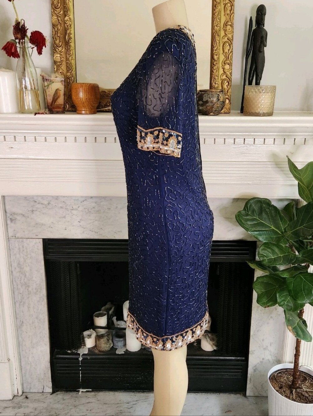 Vintage 80S Laurence Kazar Blue Beaded Silk Dress Sz M Sequin Sheer Art Deco - Picture 4 of 9